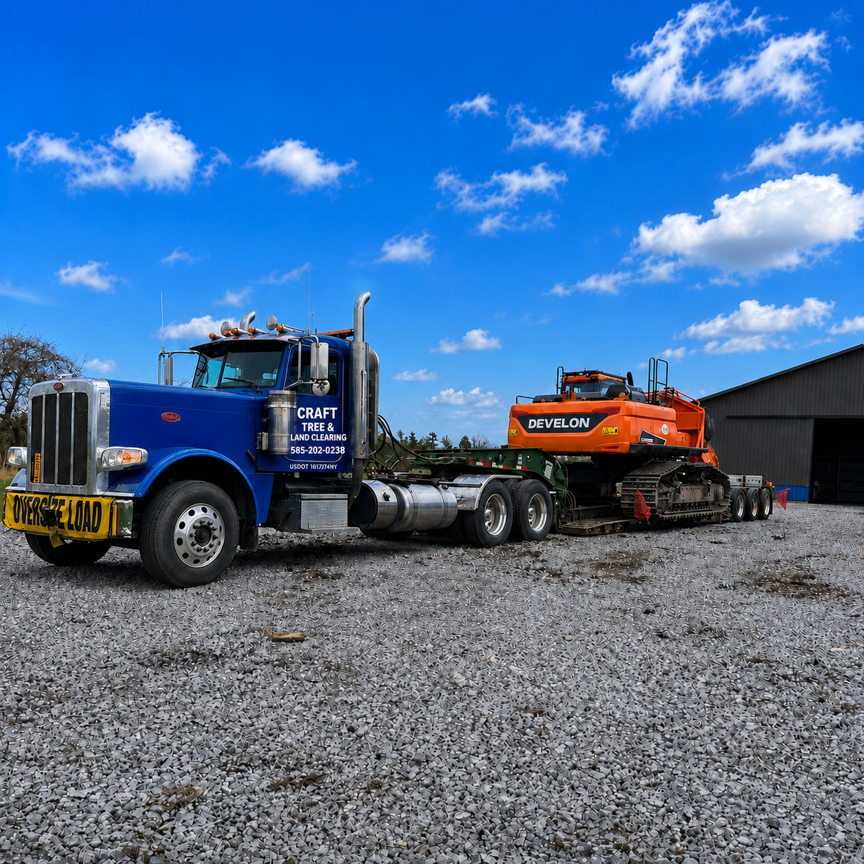 Craft Tree & Land Clearing truck hauling an excavator