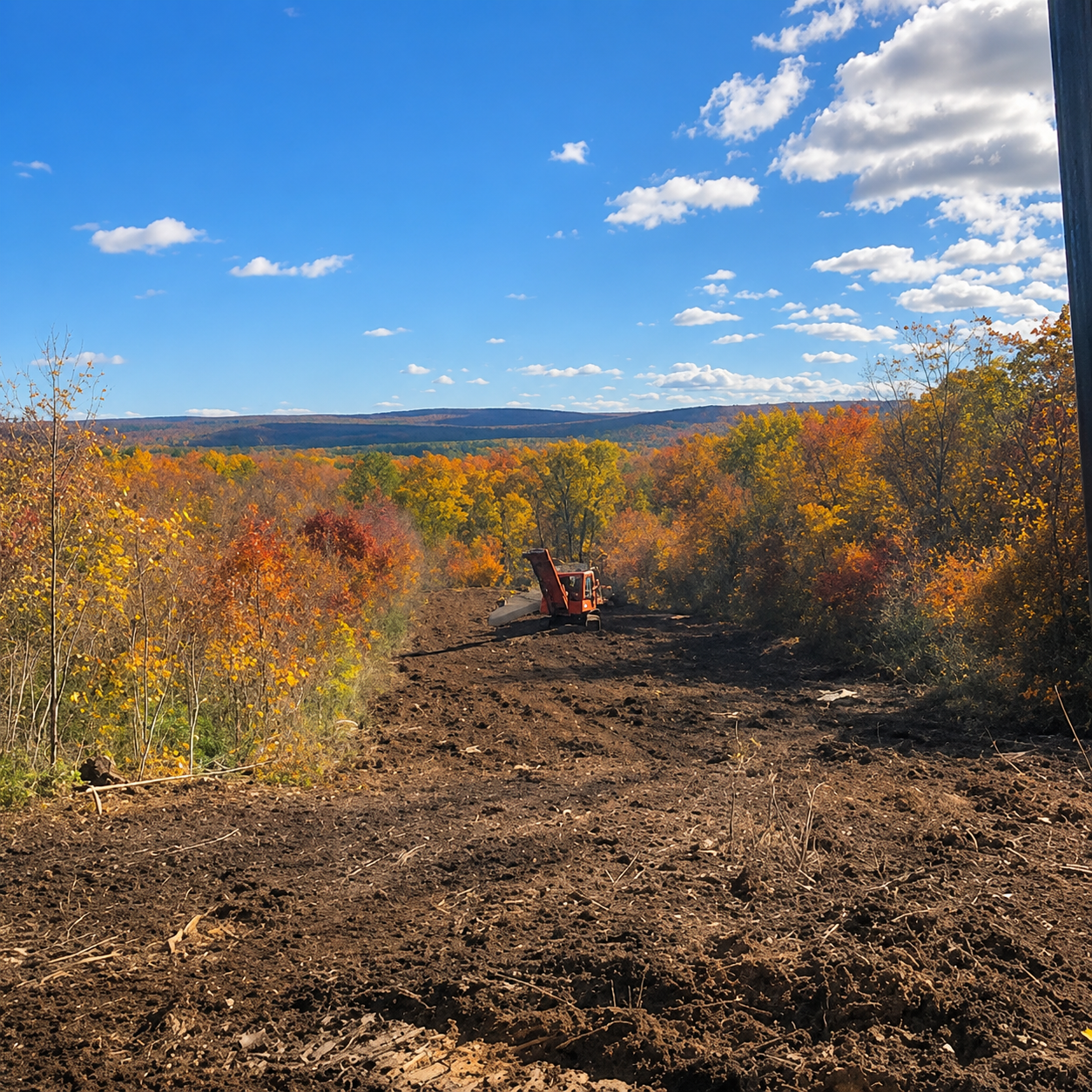 Cleared land with an excavator amid fall foliage