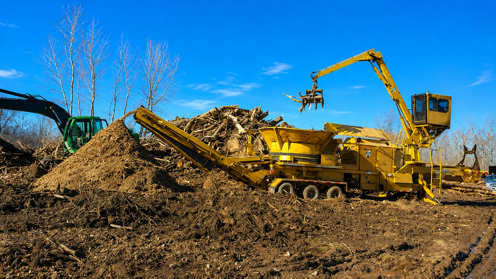 Tub grinder processing a large pile of brush and debris